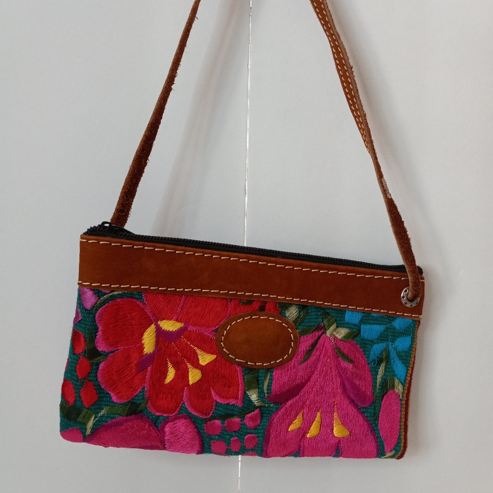 Embroidered Floral Leather Crossbody Purse